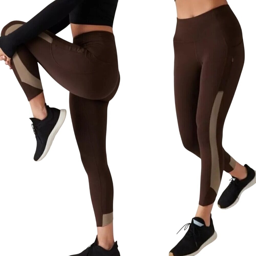 Athleta Ultimate Stash Craft Toasted Brown Colorblock 7/8 Tight Leggings Size XS